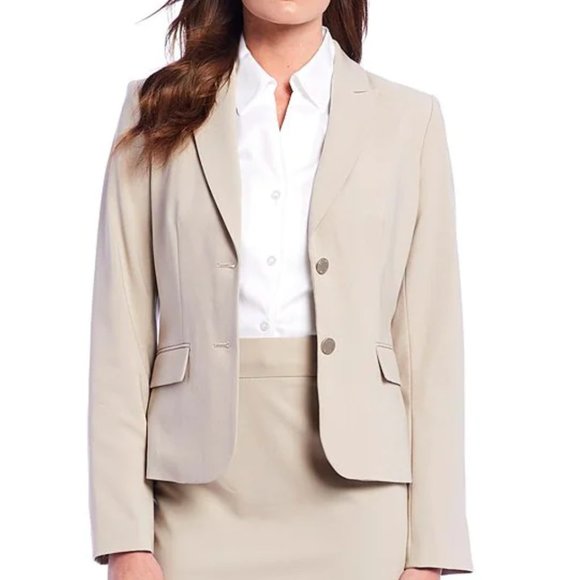 Calvin Klein Tan Petite Notch Collar Long Sleeve Blazer With Gold Buttons - Picture 2 of 10